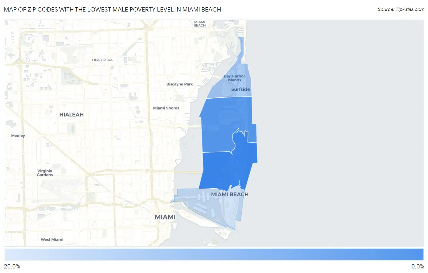 Zip Codes with the Lowest Male Poverty Level in Miami Beach Map