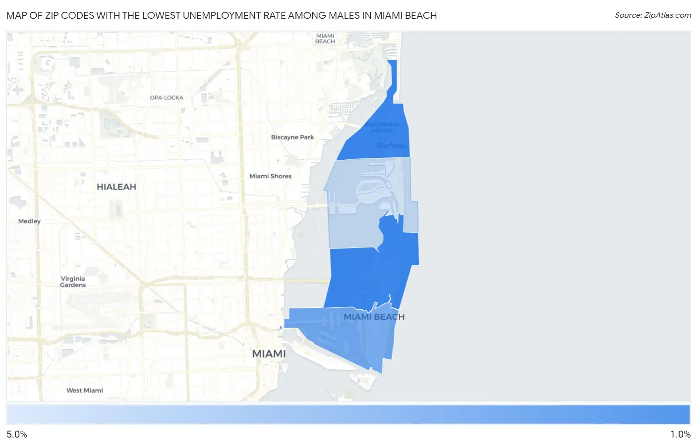Zip Codes with the Lowest Unemployment Rate Among Males in Miami Beach Map