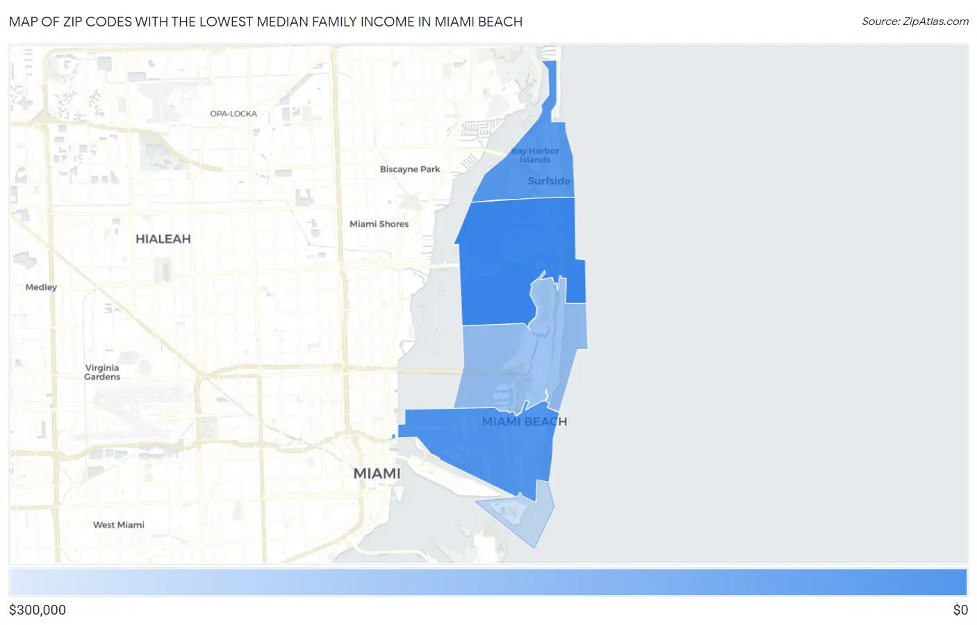 Zip Codes with the Lowest Median Family Income in Miami Beach Map