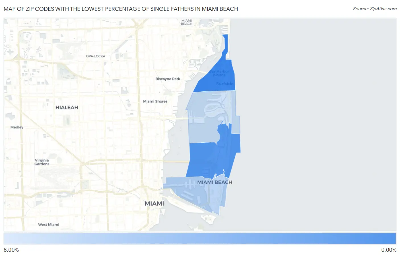 Zip Codes with the Lowest Percentage of Single Fathers in Miami Beach Map