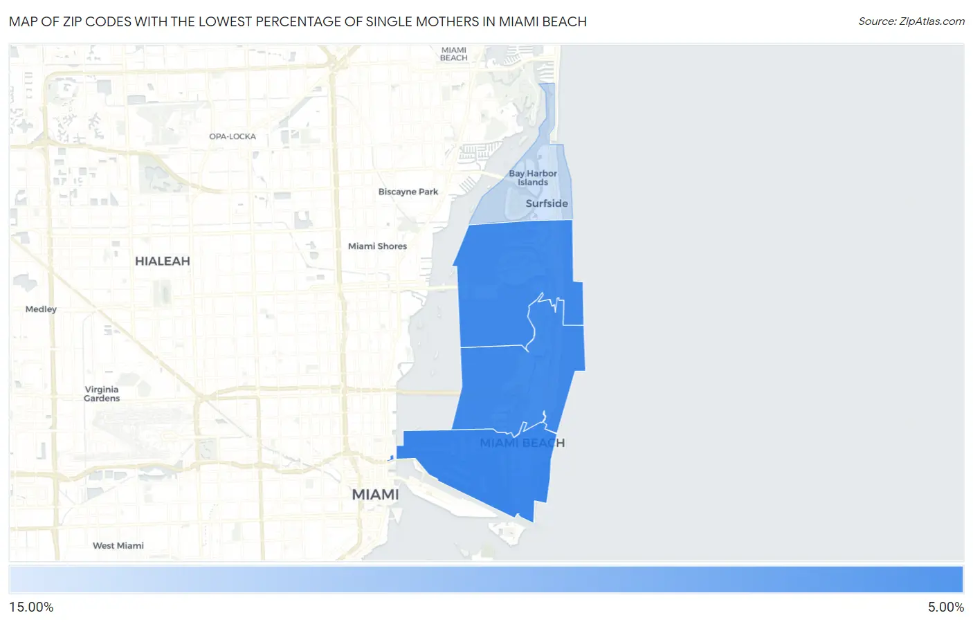 Zip Codes with the Lowest Percentage of Single Mothers in Miami Beach Map