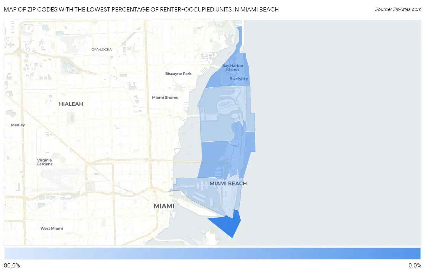 Zip Codes with the Lowest Percentage of Renter-Occupied Units in Miami Beach Map