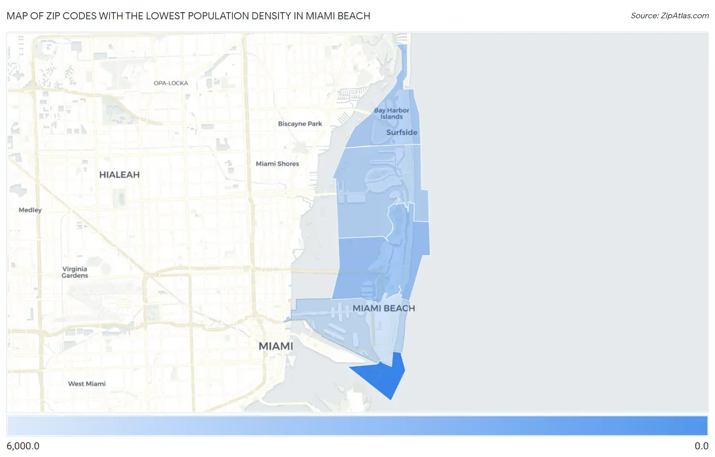 Zip Codes with the Lowest Population Density in Miami Beach Map