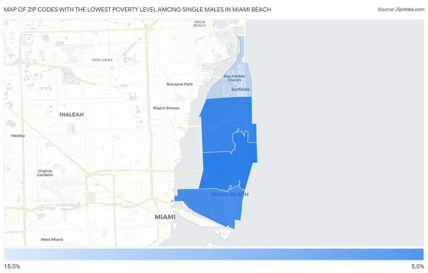 Zip Codes with the Lowest Poverty Level Among Single Males in Miami Beach Map