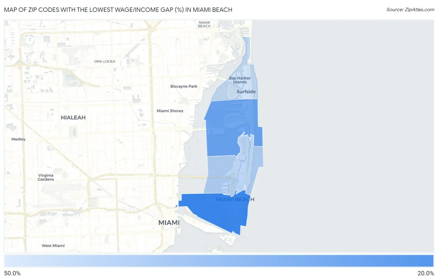 Zip Codes with the Lowest Wage/Income Gap (%) in Miami Beach Map