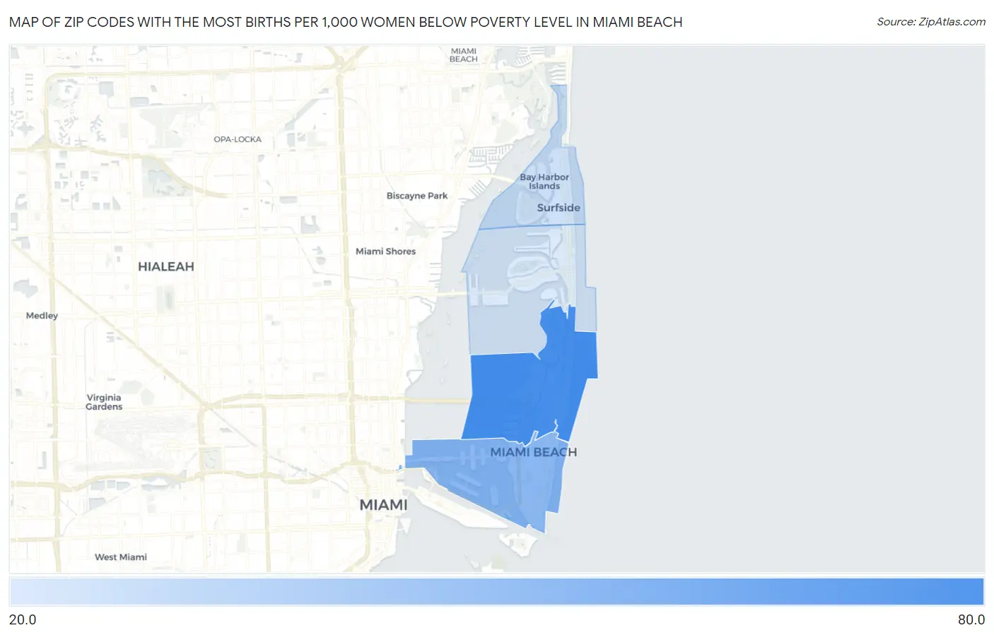 Zip Codes with the Most Births per 1,000 Women Below Poverty Level in Miami Beach Map