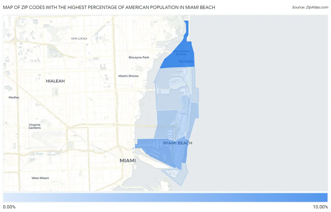 Zip Codes with the Highest Percentage of American Population in Miami Beach Map
