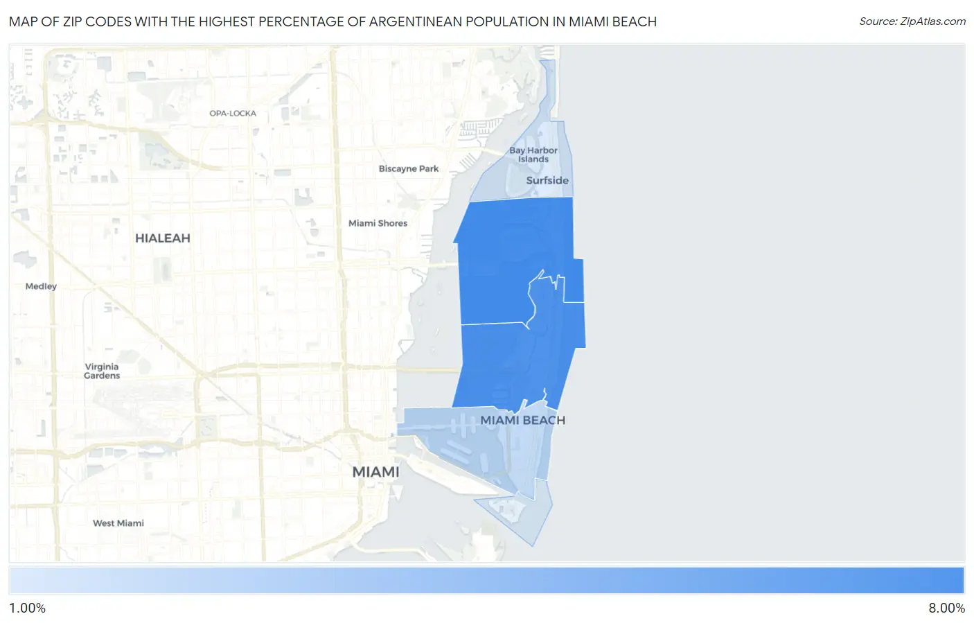 Zip Codes with the Highest Percentage of Argentinean Population in Miami Beach Map