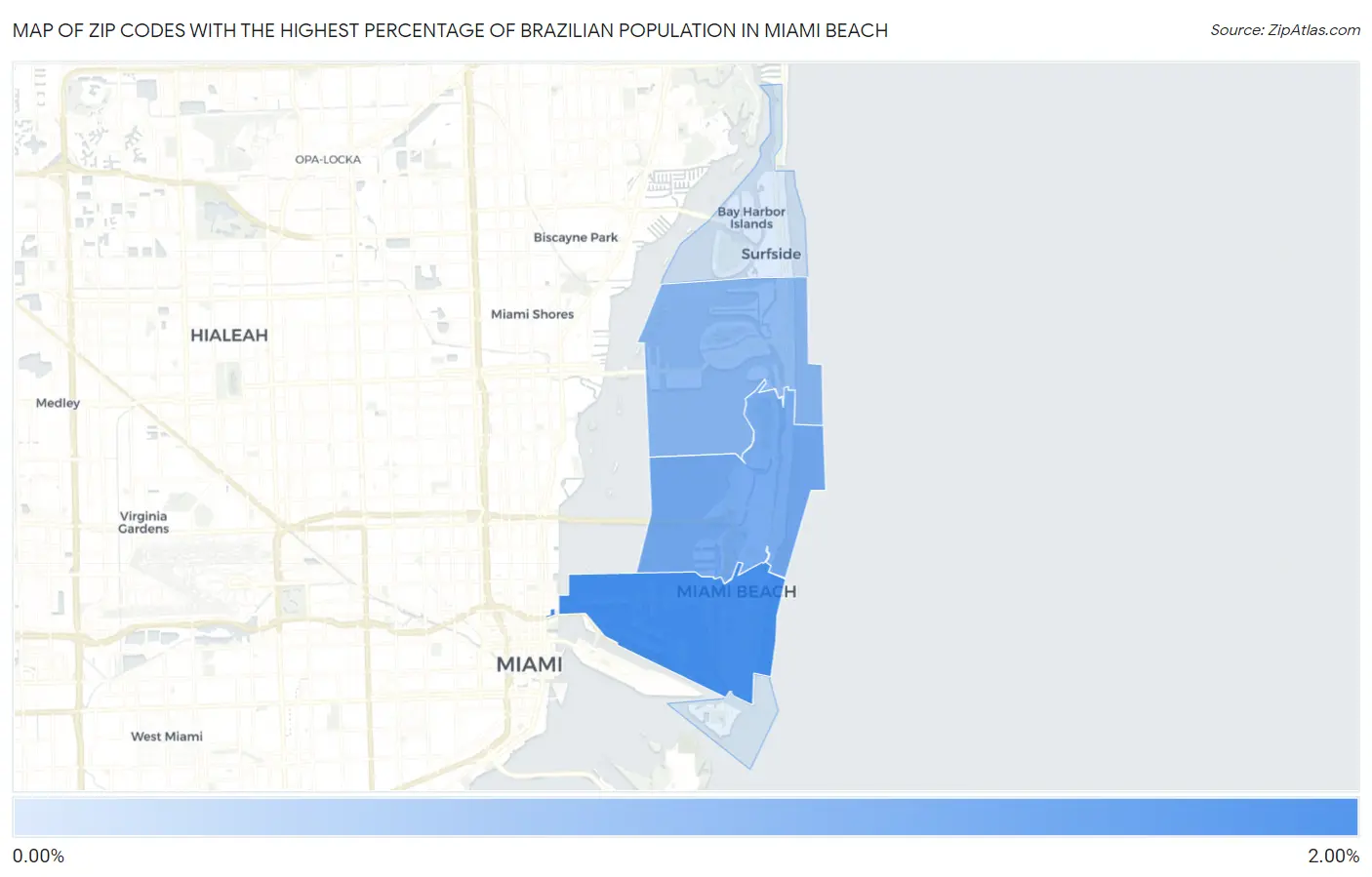 Zip Codes with the Highest Percentage of Brazilian Population in Miami Beach Map