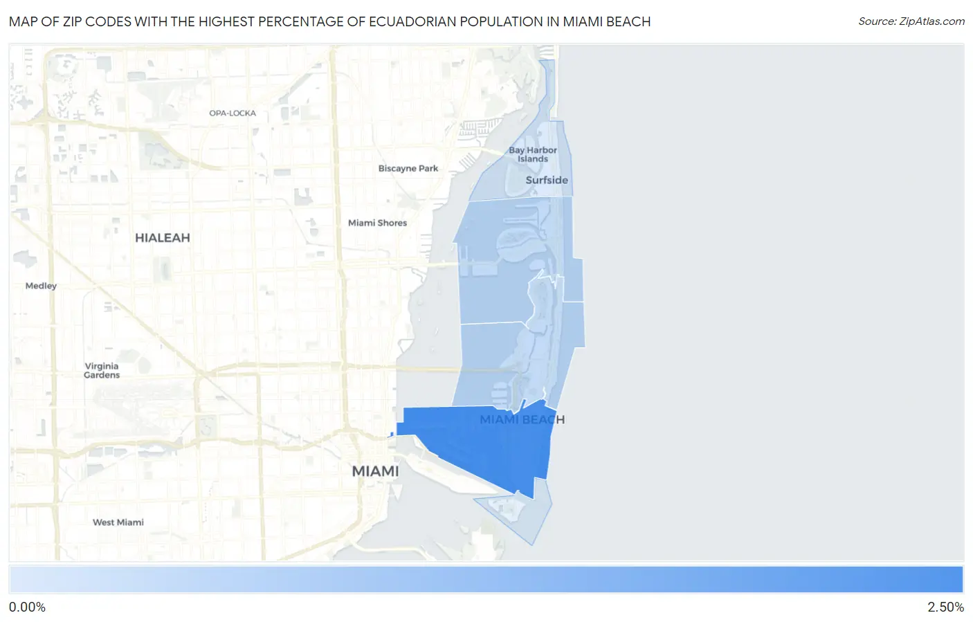 Zip Codes with the Highest Percentage of Ecuadorian Population in Miami Beach Map