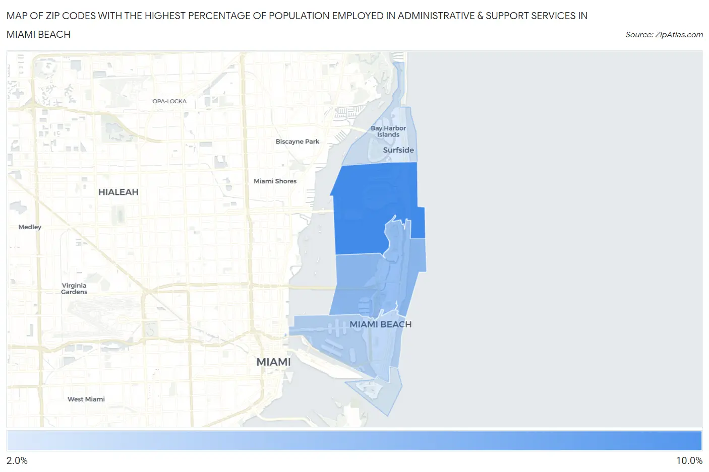 Zip Codes with the Highest Percentage of Population Employed in Administrative & Support Services in Miami Beach Map