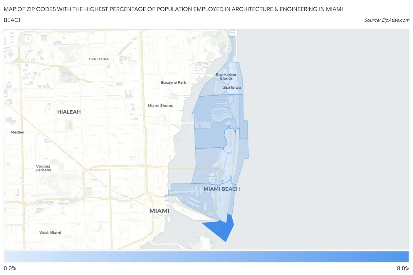 Zip Codes with the Highest Percentage of Population Employed in Architecture & Engineering in Miami Beach Map