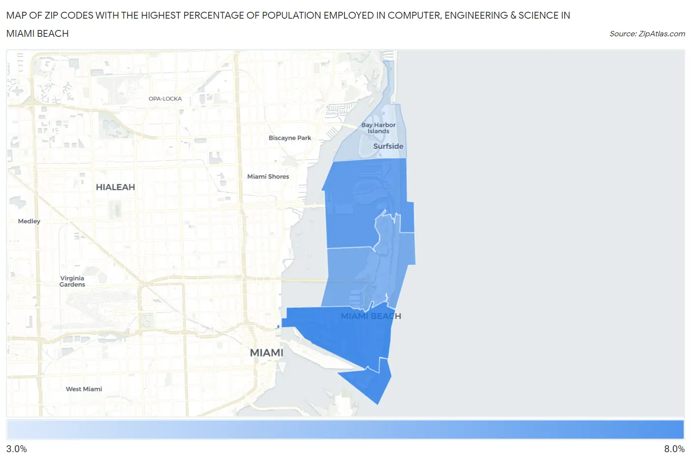 Zip Codes with the Highest Percentage of Population Employed in Computer, Engineering & Science in Miami Beach Map