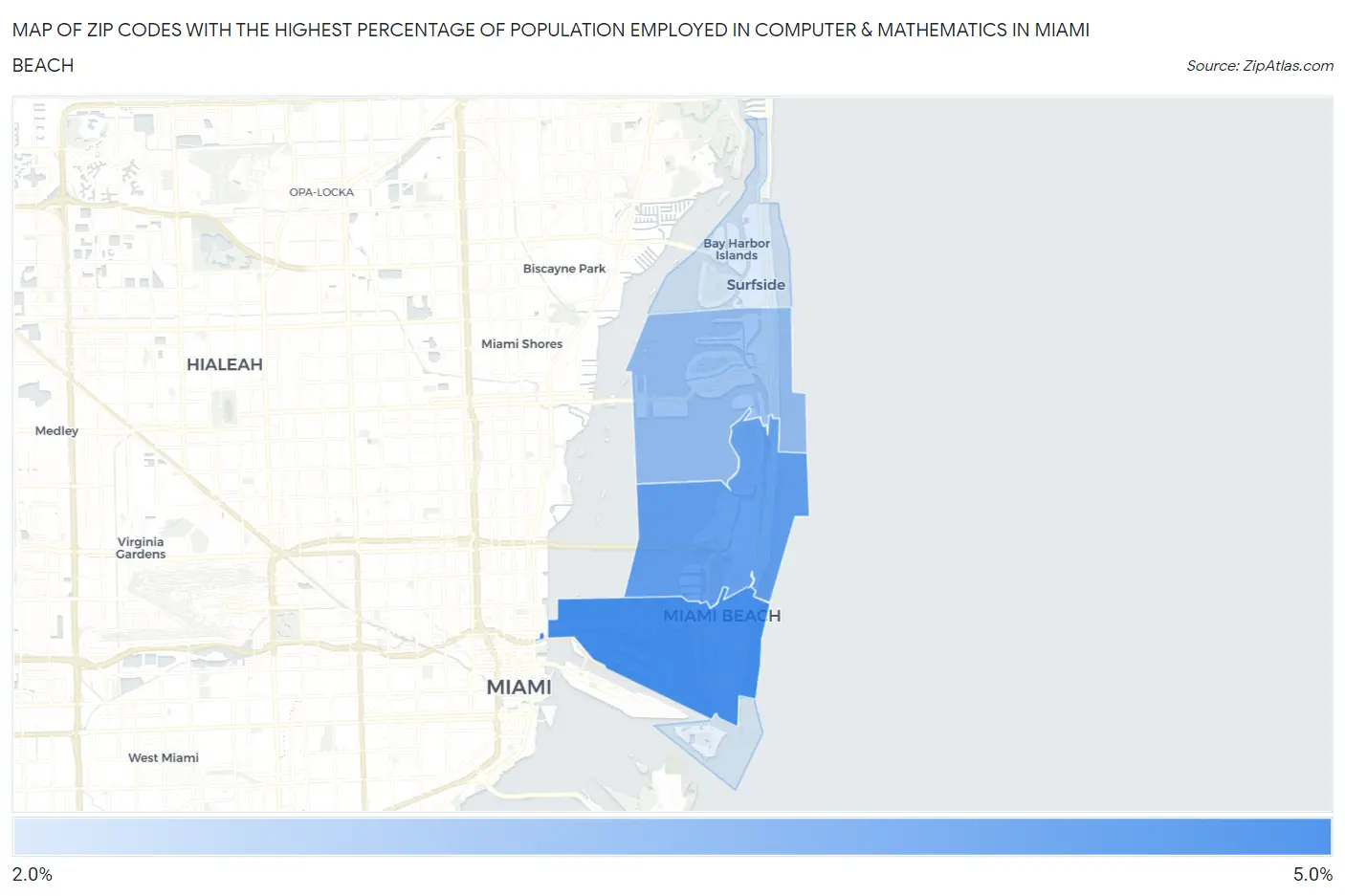 Zip Codes with the Highest Percentage of Population Employed in Computer & Mathematics in Miami Beach Map