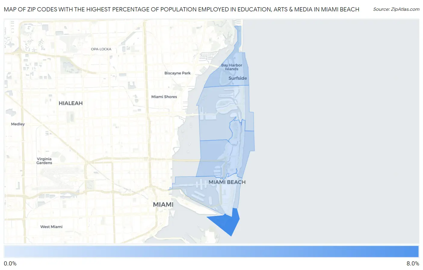 Zip Codes with the Highest Percentage of Population Employed in Education, Arts & Media in Miami Beach Map