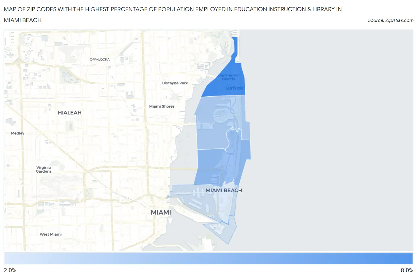 Zip Codes with the Highest Percentage of Population Employed in Education Instruction & Library in Miami Beach Map