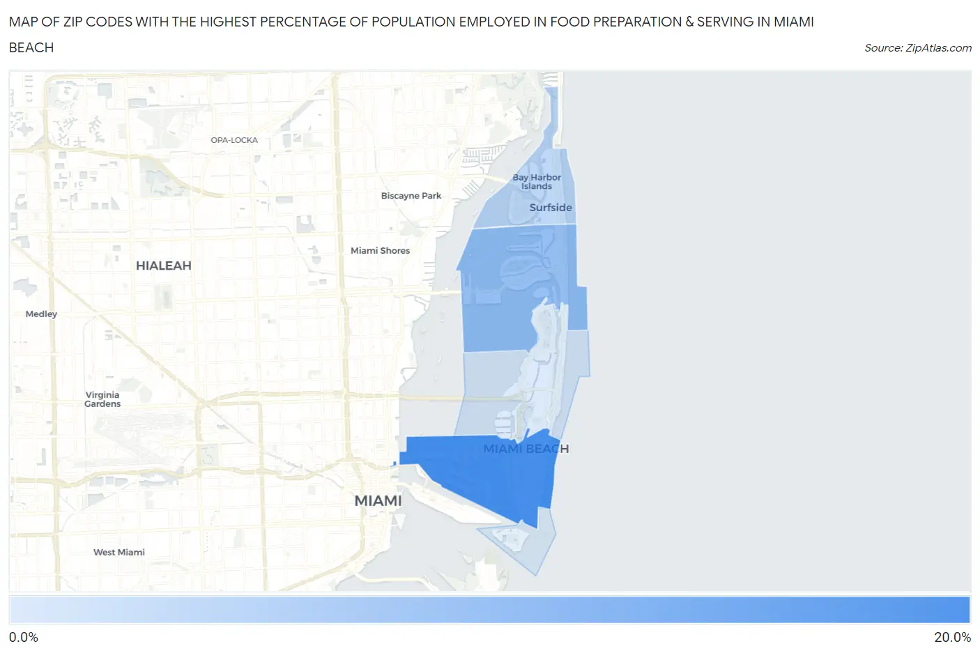 Zip Codes with the Highest Percentage of Population Employed in Food Preparation & Serving in Miami Beach Map