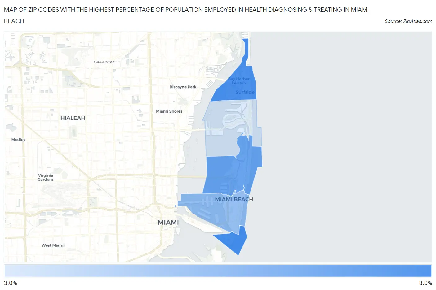 Zip Codes with the Highest Percentage of Population Employed in Health Diagnosing & Treating in Miami Beach Map