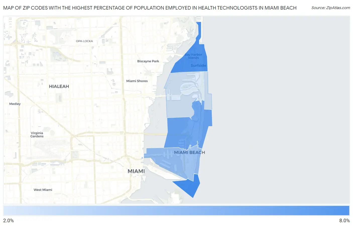 Zip Codes with the Highest Percentage of Population Employed in Health Technologists in Miami Beach Map