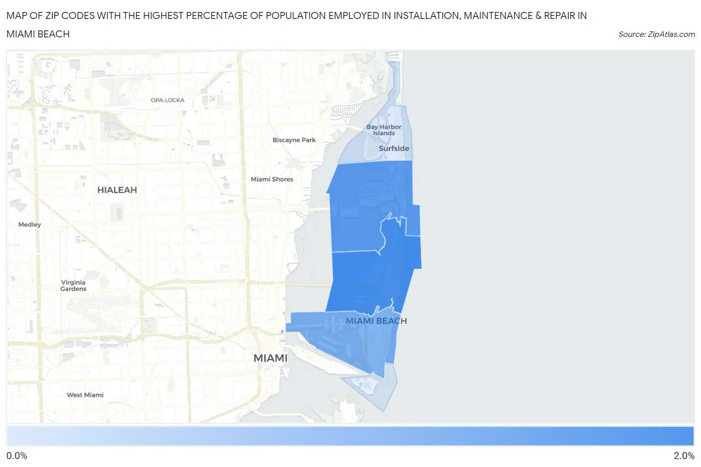 Zip Codes with the Highest Percentage of Population Employed in Installation, Maintenance & Repair in Miami Beach Map