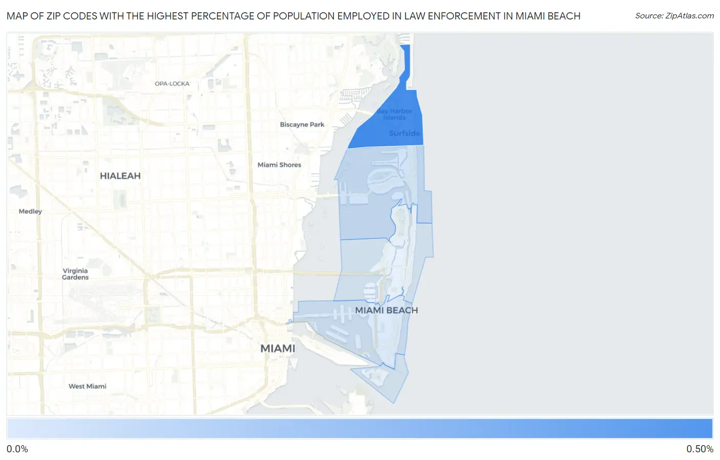 Zip Codes with the Highest Percentage of Population Employed in Law Enforcement in Miami Beach Map