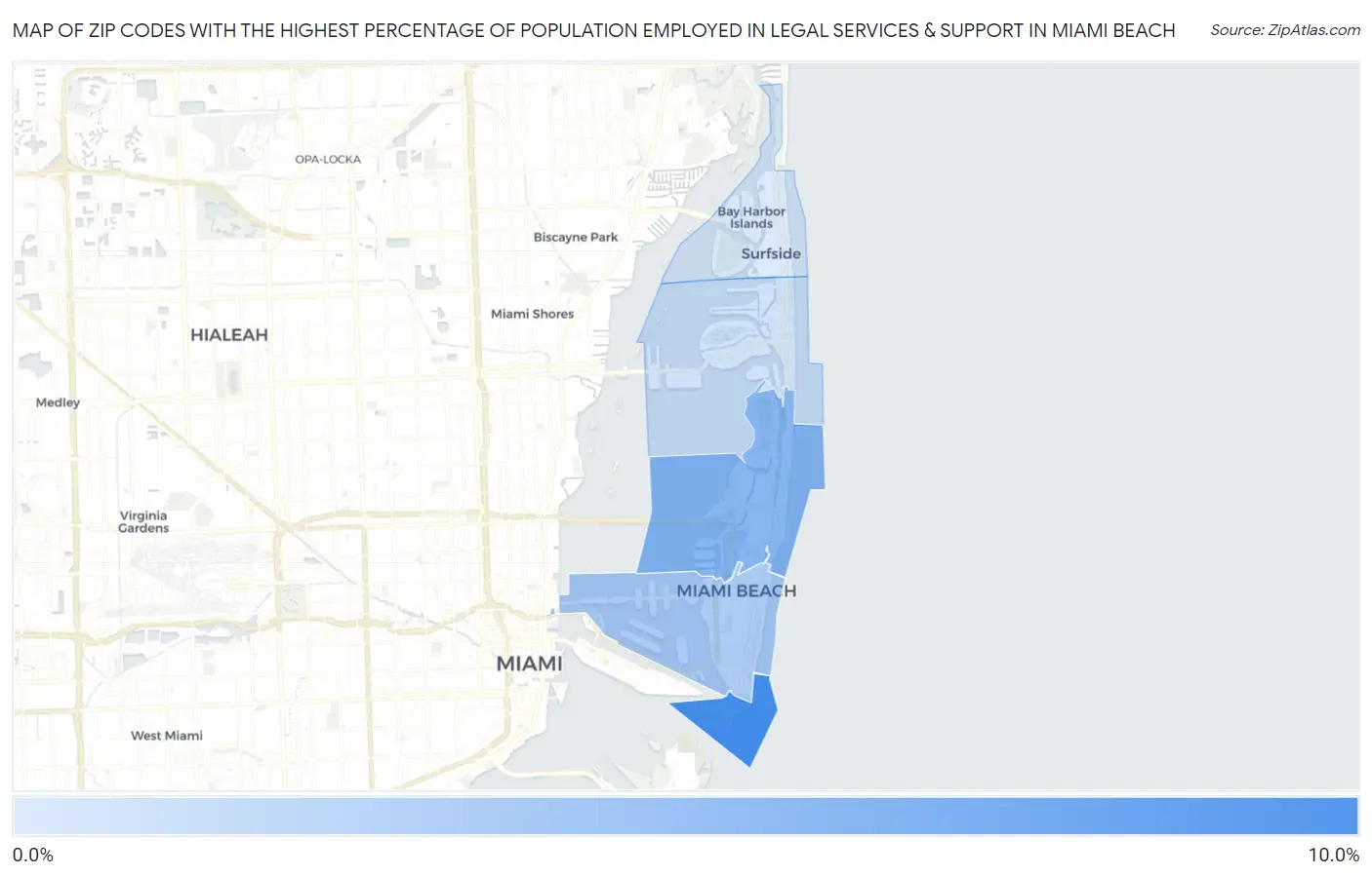 Zip Codes with the Highest Percentage of Population Employed in Legal Services & Support in Miami Beach Map