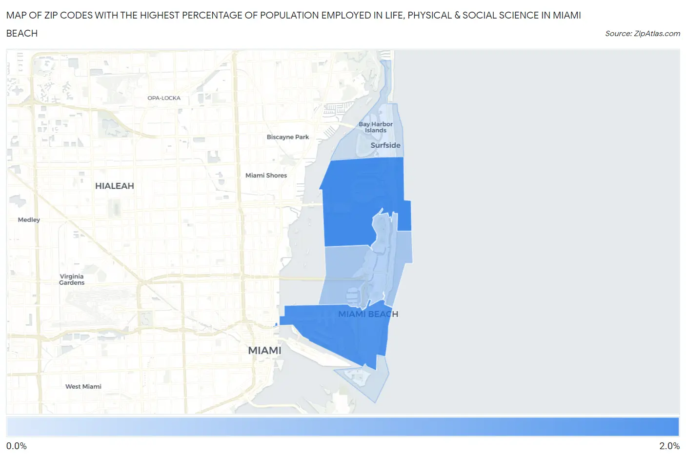 Zip Codes with the Highest Percentage of Population Employed in Life, Physical & Social Science in Miami Beach Map