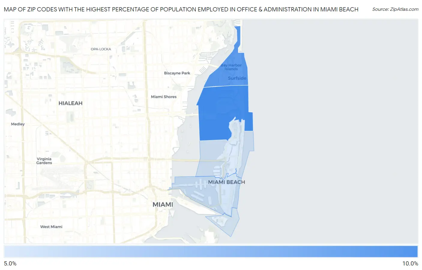Zip Codes with the Highest Percentage of Population Employed in Office & Administration in Miami Beach Map