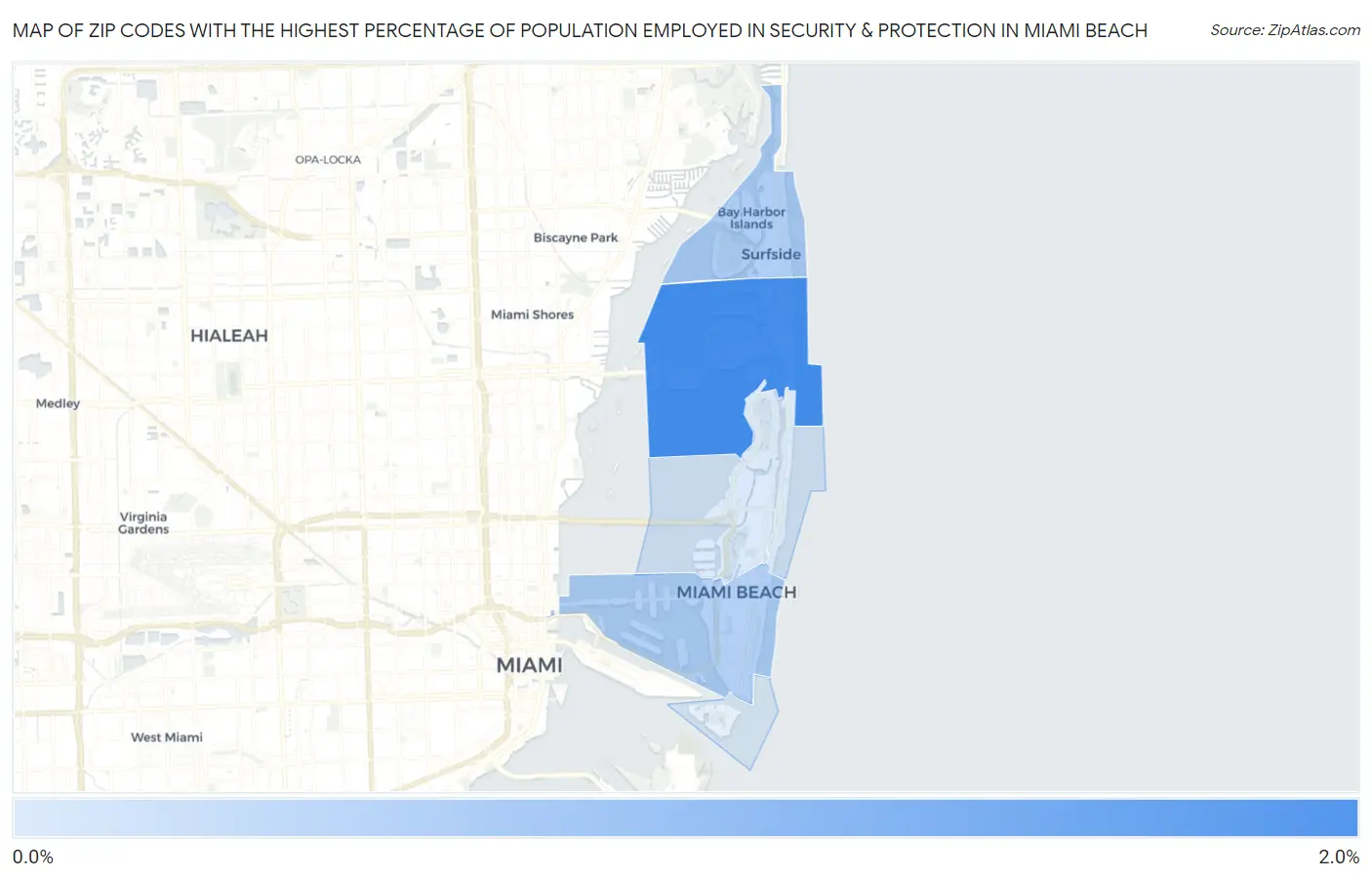 Zip Codes with the Highest Percentage of Population Employed in Security & Protection in Miami Beach Map