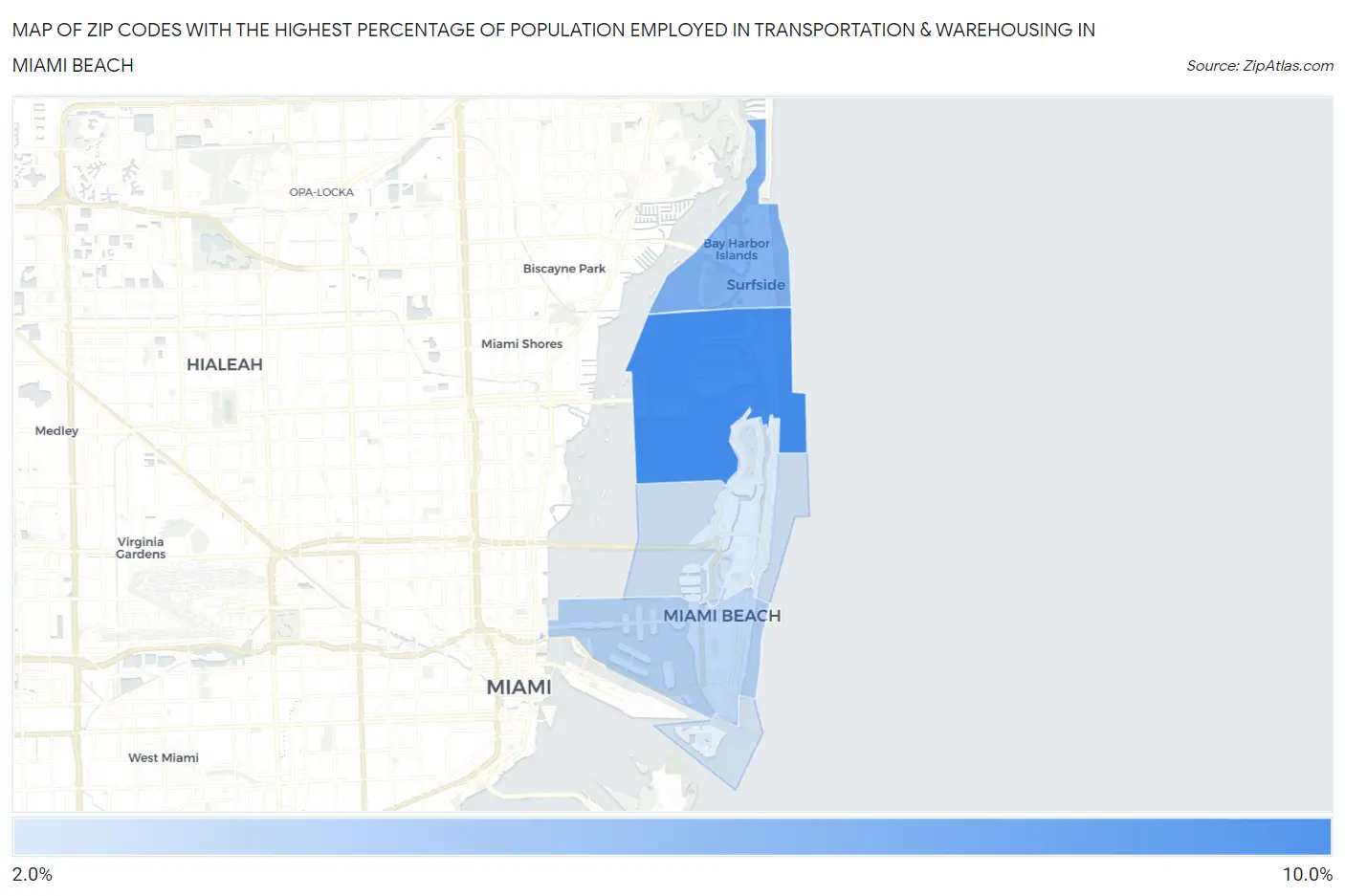 Zip Codes with the Highest Percentage of Population Employed in Transportation & Warehousing in Miami Beach Map