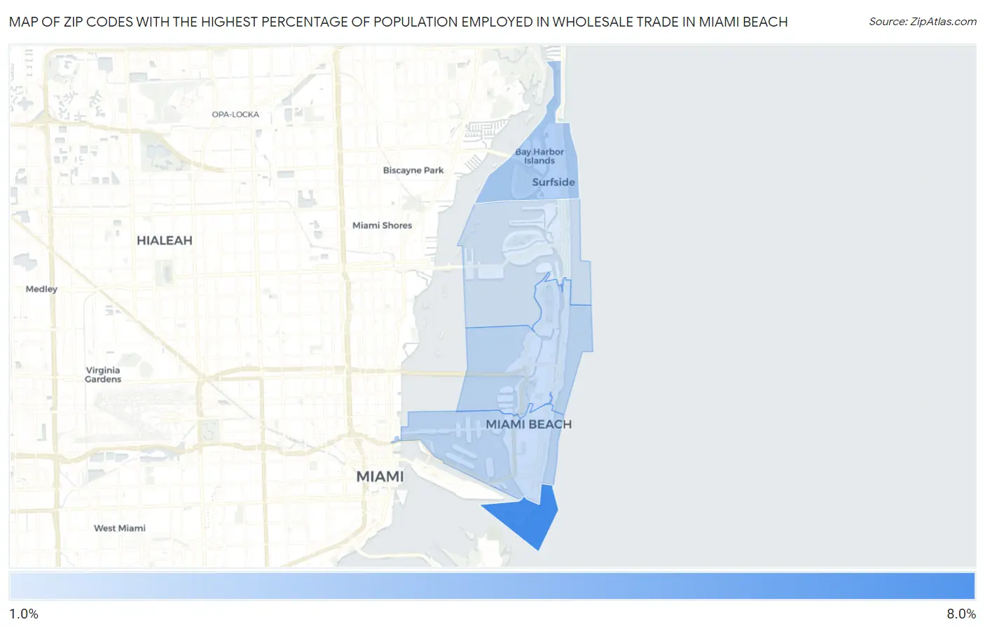 Zip Codes with the Highest Percentage of Population Employed in Wholesale Trade in Miami Beach Map