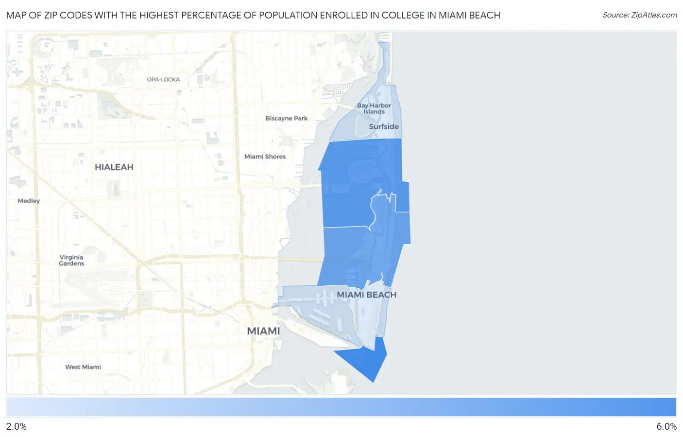 Zip Codes with the Highest Percentage of Population Enrolled in College in Miami Beach Map