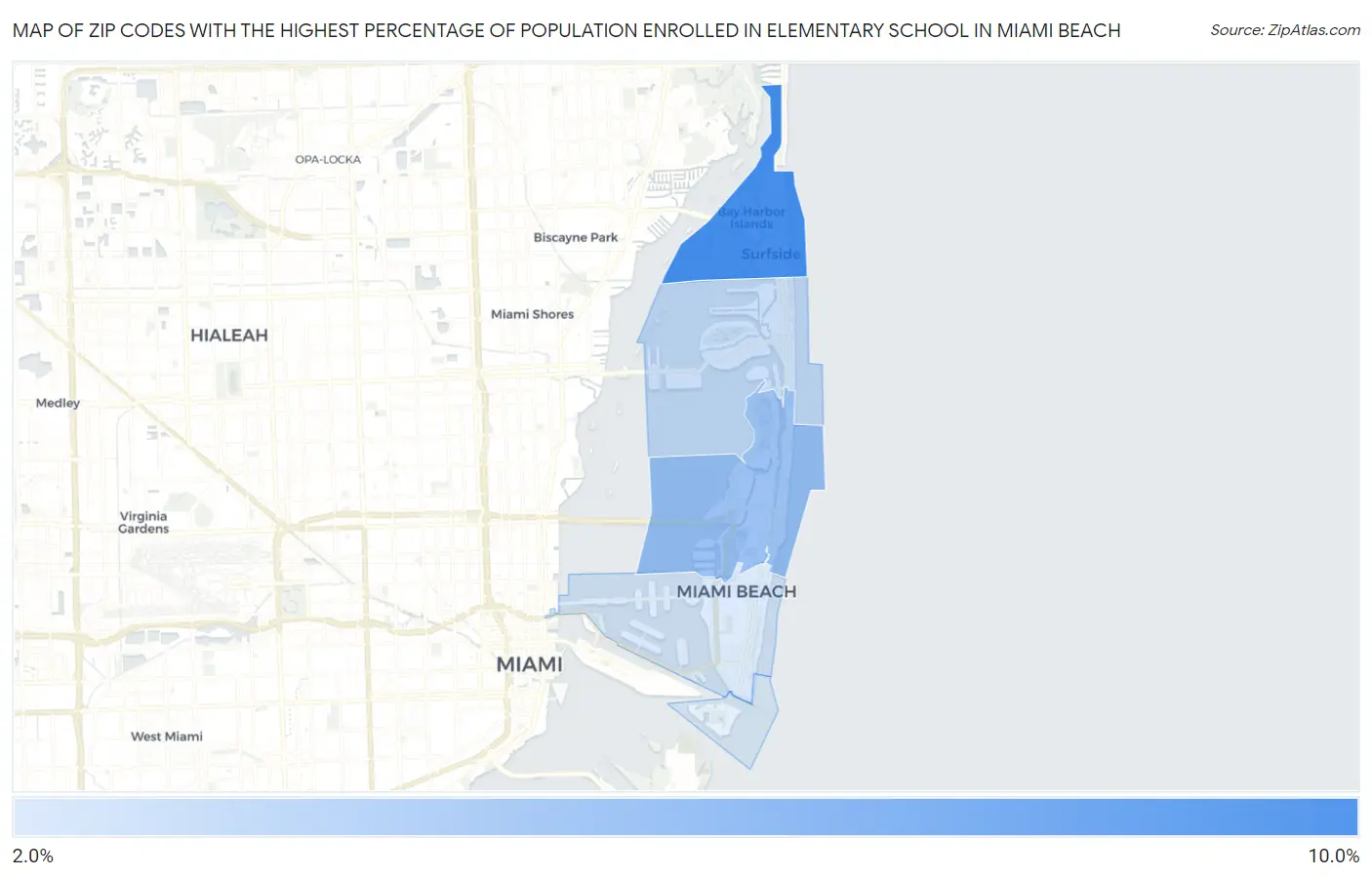 Zip Codes with the Highest Percentage of Population Enrolled in Elementary School in Miami Beach Map