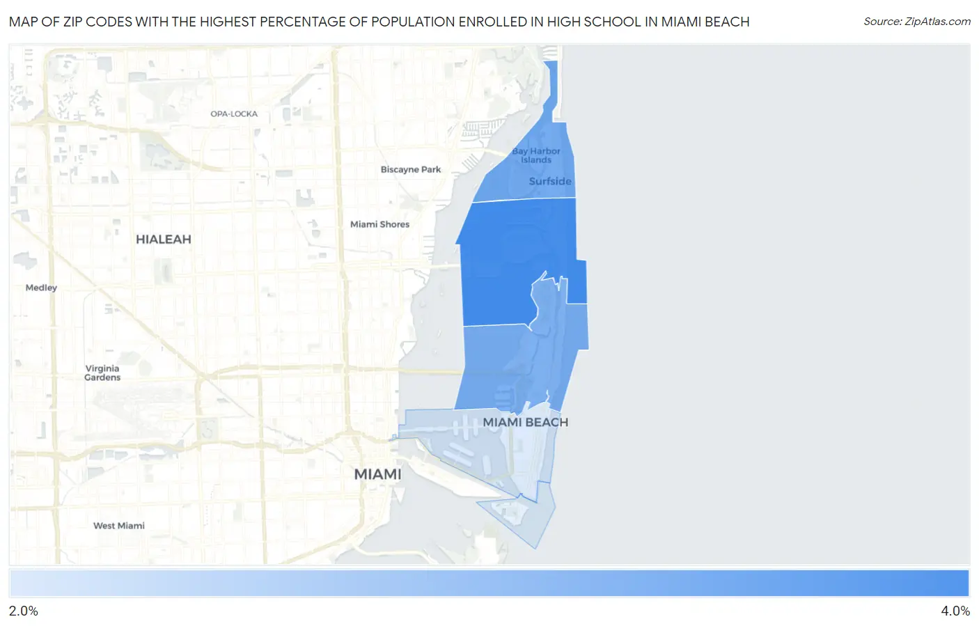 Zip Codes with the Highest Percentage of Population Enrolled in High School in Miami Beach Map