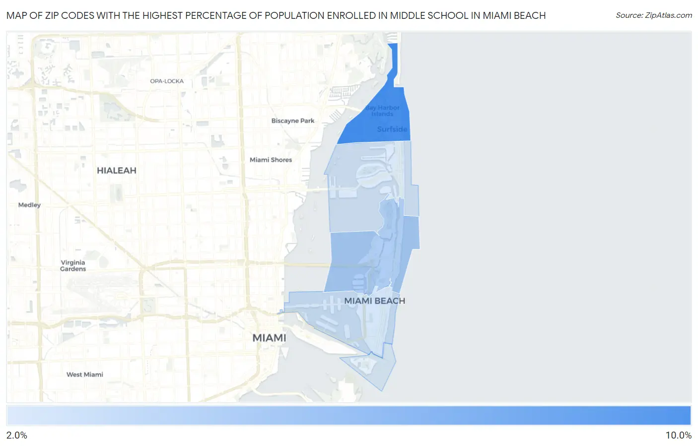 Zip Codes with the Highest Percentage of Population Enrolled in Middle School in Miami Beach Map