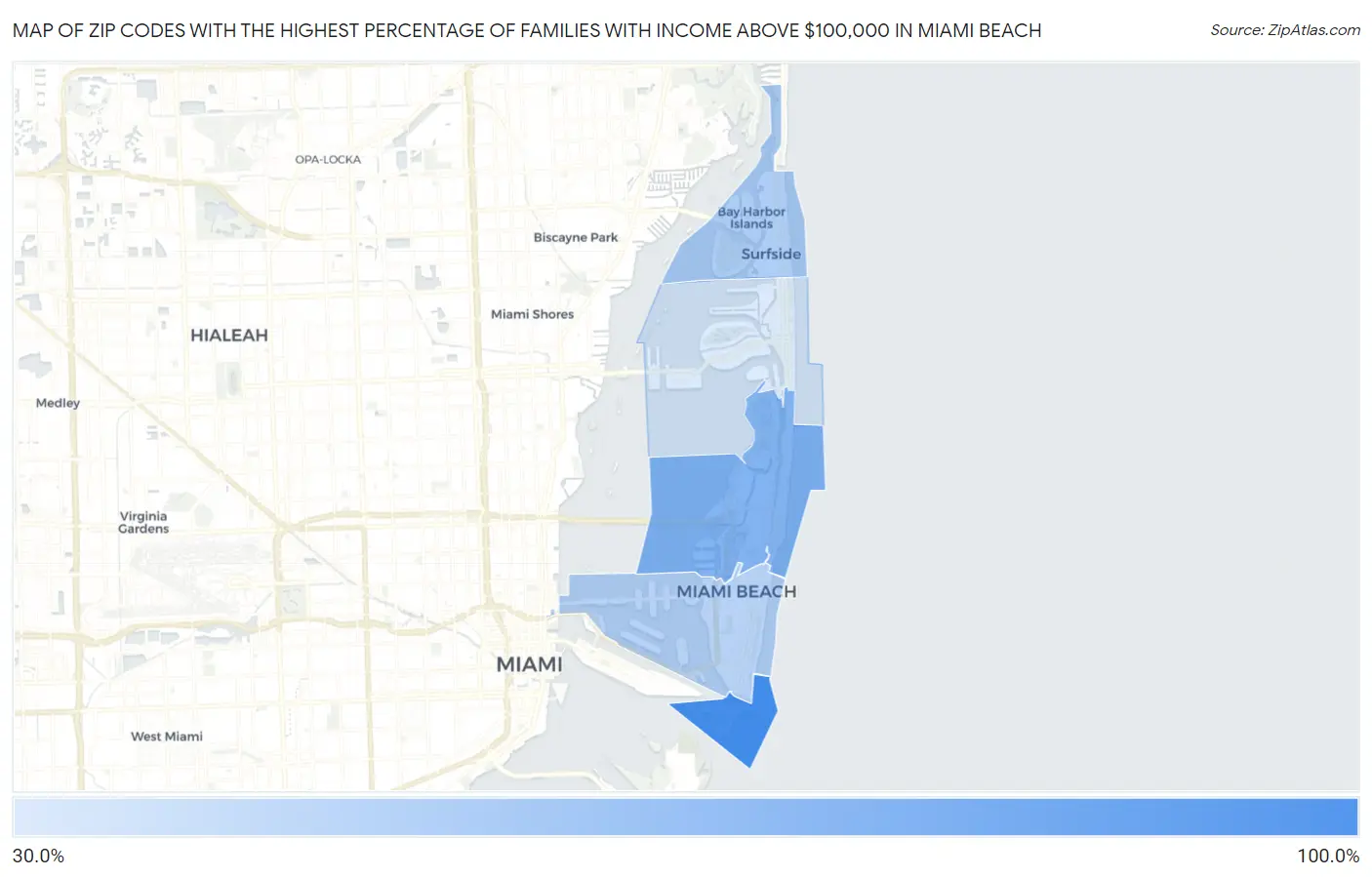 Zip Codes with the Highest Percentage of Families with Income Above $100,000 in Miami Beach Map