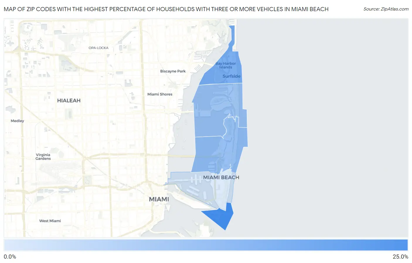 Zip Codes with the Highest Percentage of Households With Three or more Vehicles in Miami Beach Map