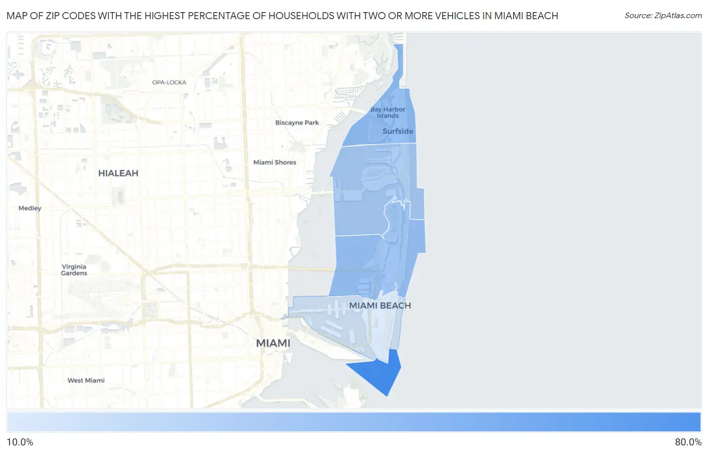 Zip Codes with the Highest Percentage of Households With Two or more Vehicles in Miami Beach Map