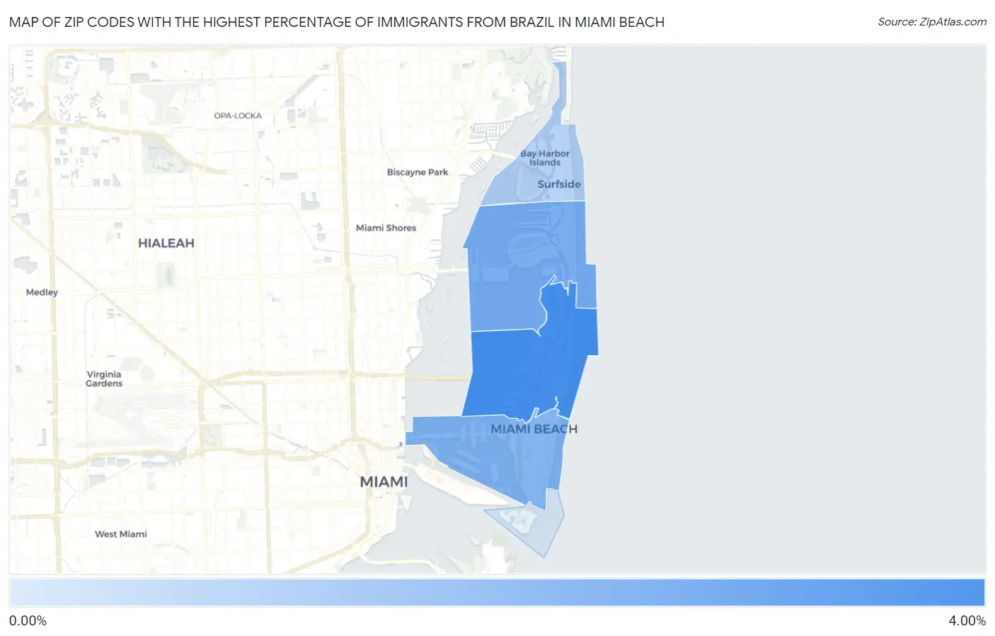 Zip Codes with the Highest Percentage of Immigrants from Brazil in Miami Beach Map