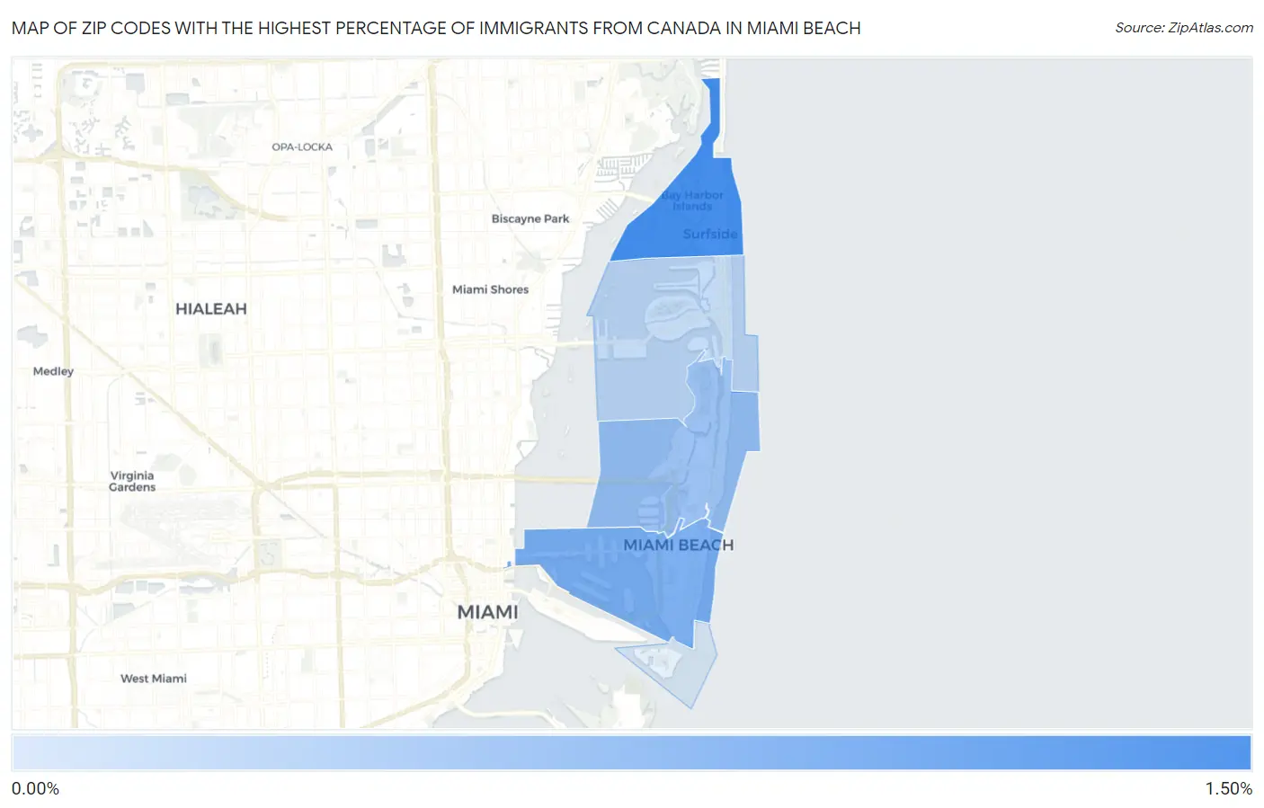 Zip Codes with the Highest Percentage of Immigrants from Canada in Miami Beach Map