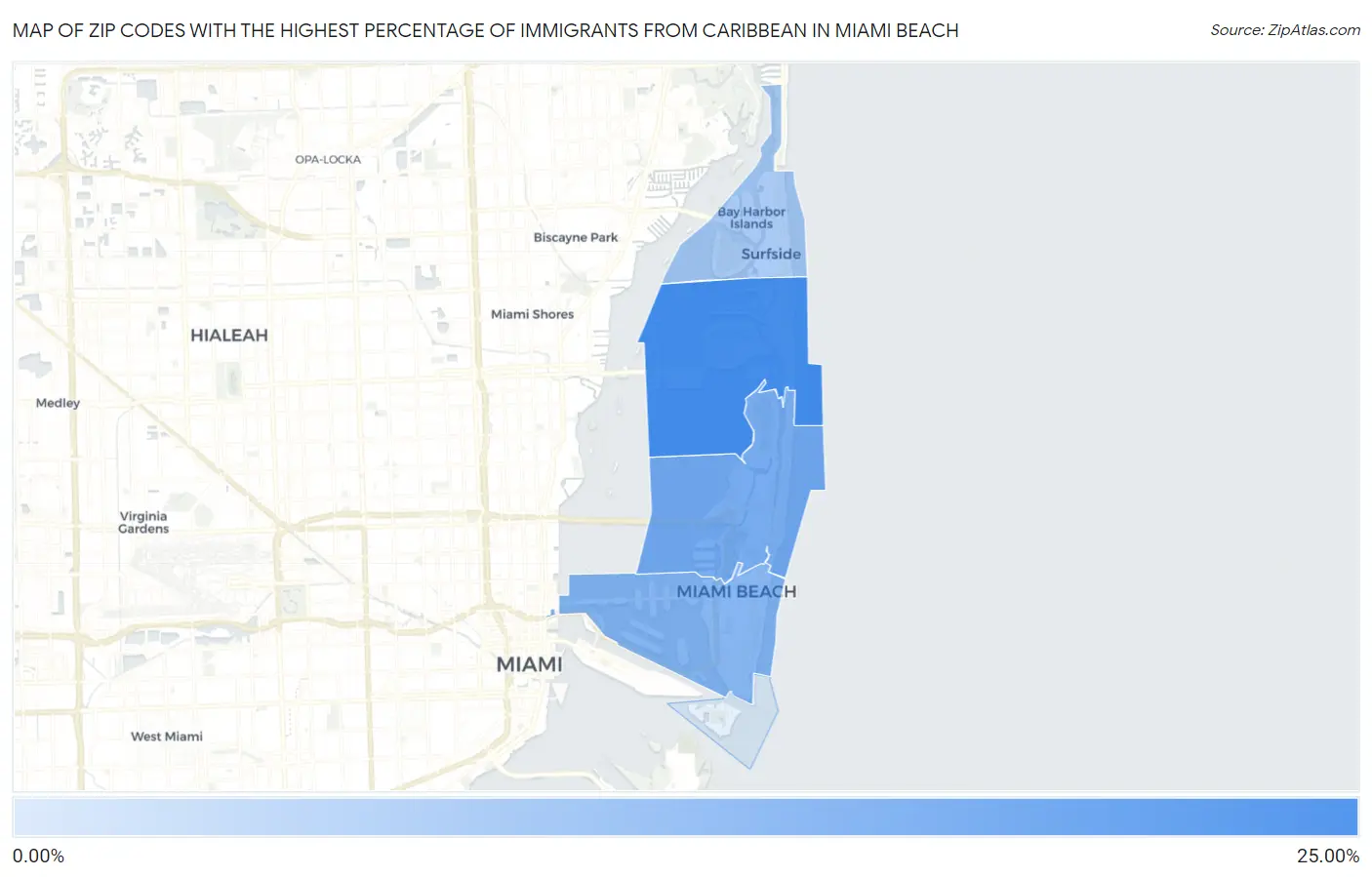 Zip Codes with the Highest Percentage of Immigrants from Caribbean in Miami Beach Map