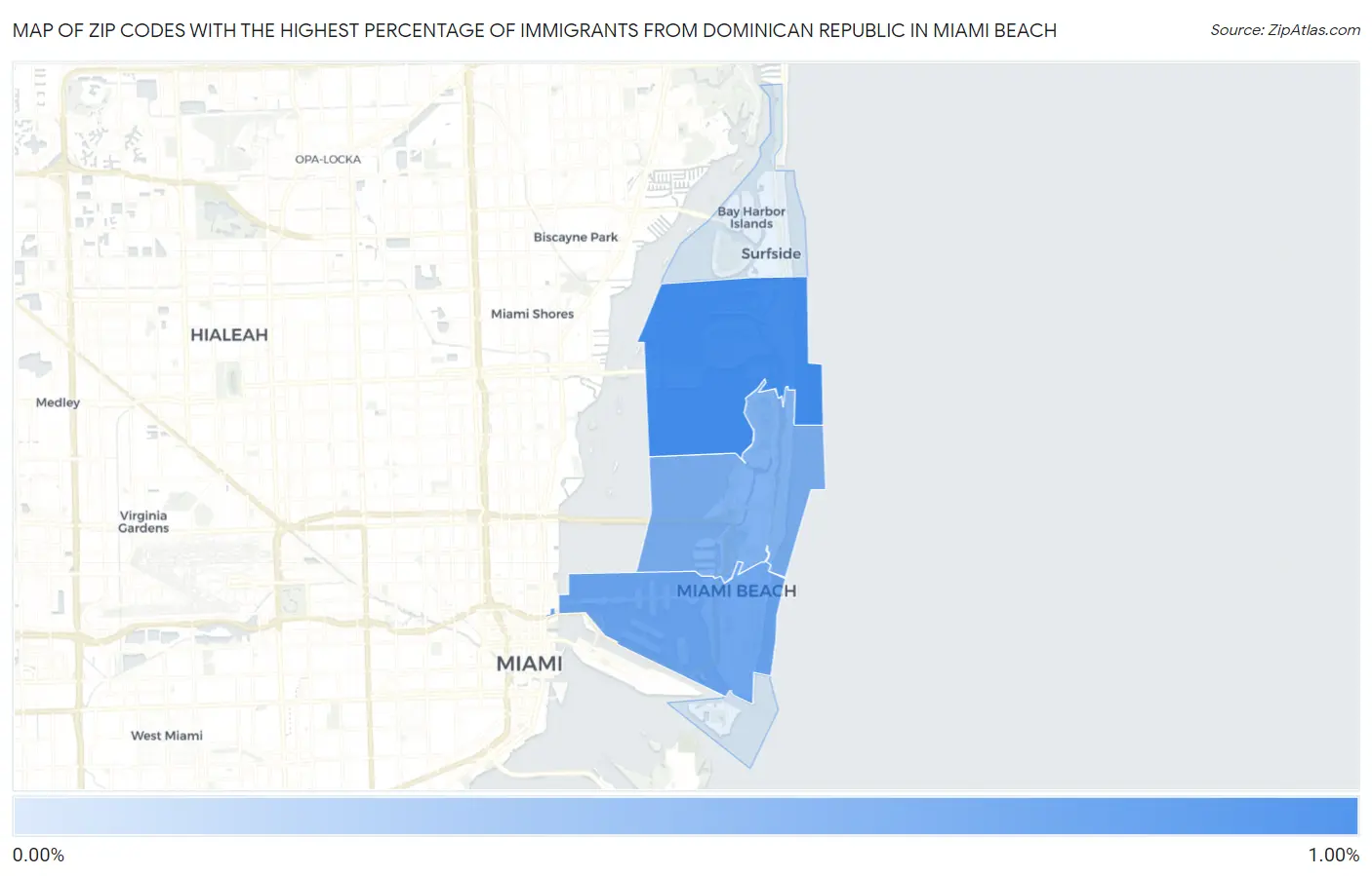 Zip Codes with the Highest Percentage of Immigrants from Dominican Republic in Miami Beach Map