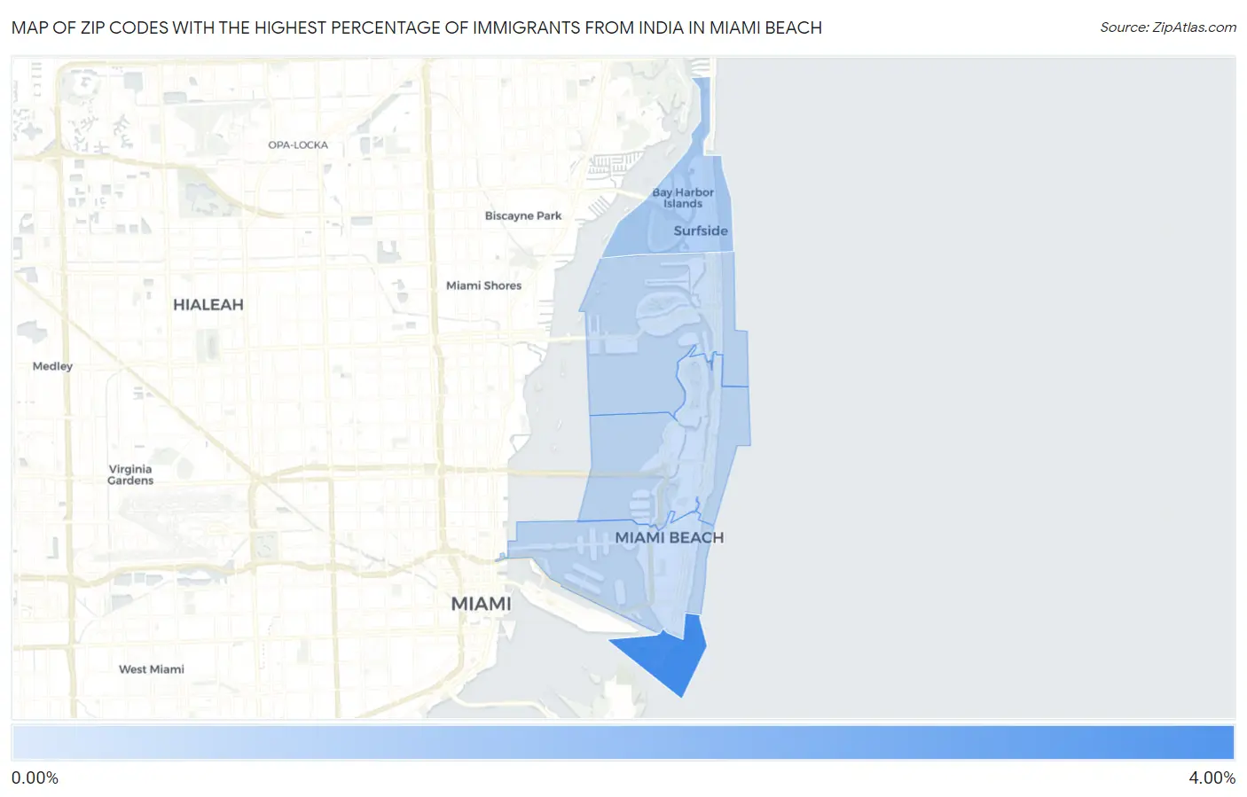Zip Codes with the Highest Percentage of Immigrants from India in Miami Beach Map