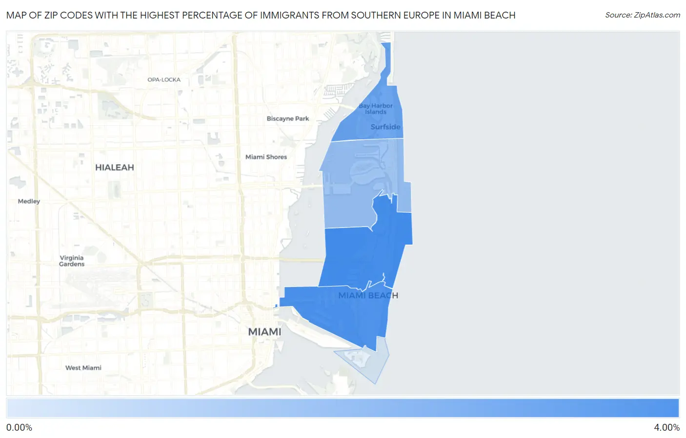 Zip Codes with the Highest Percentage of Immigrants from Southern Europe in Miami Beach Map