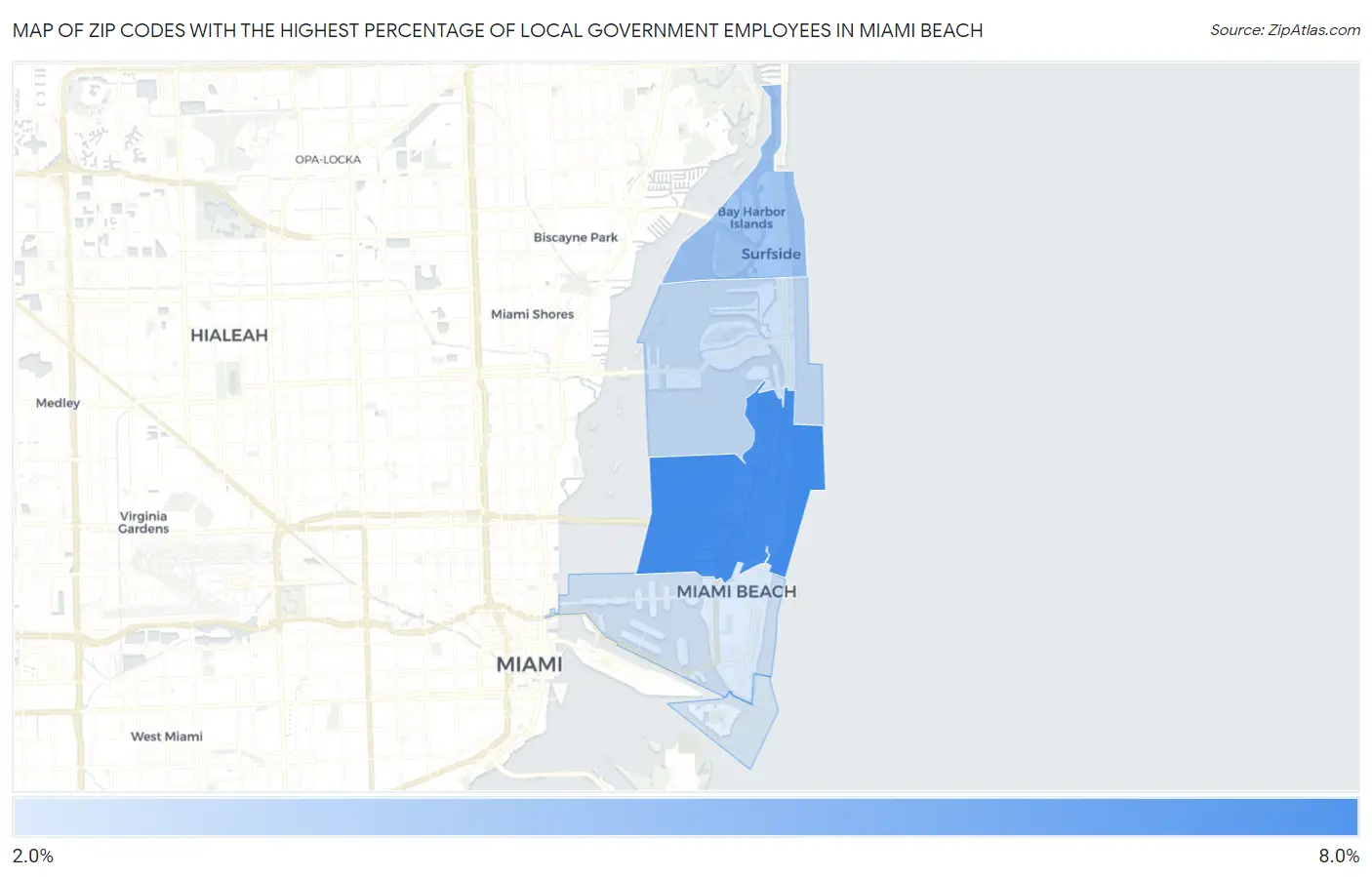 Zip Codes with the Highest Percentage of Local Government Employees in Miami Beach Map