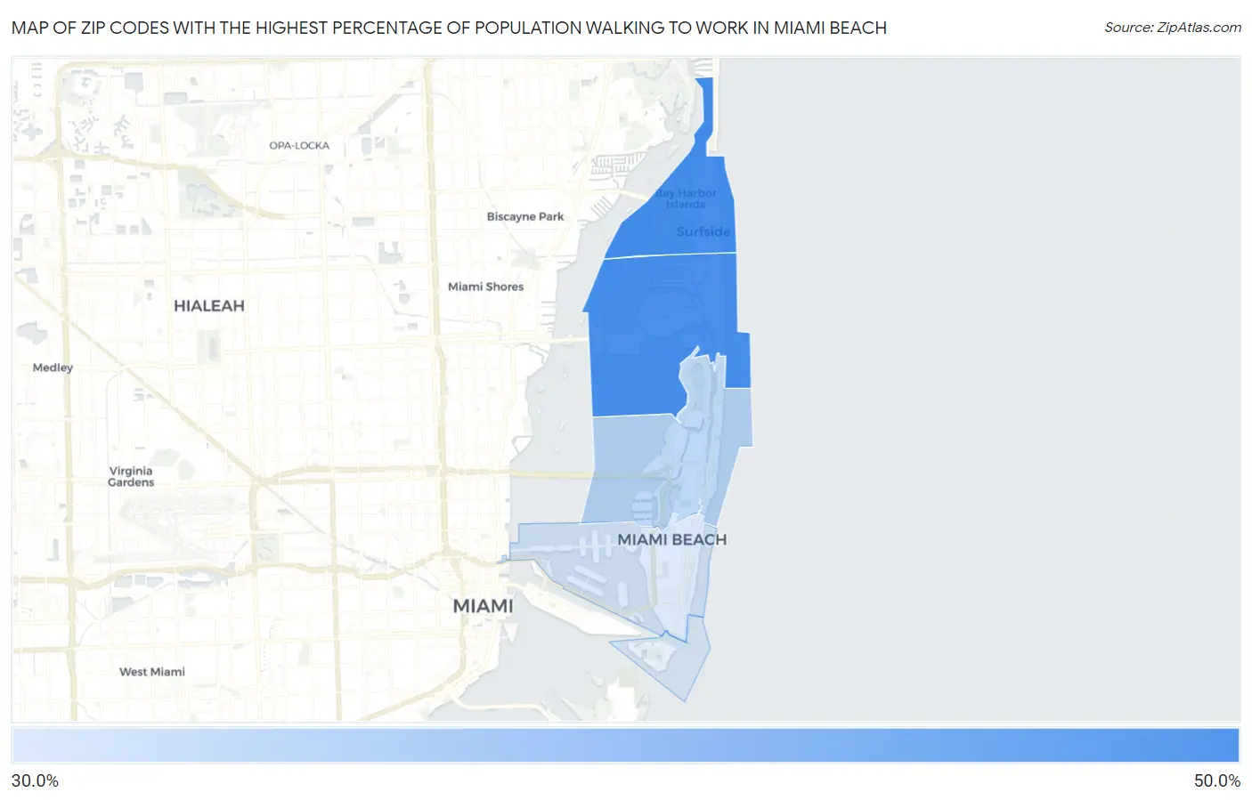 Zip Codes with the Highest Percentage of Population Walking to Work in Miami Beach Map