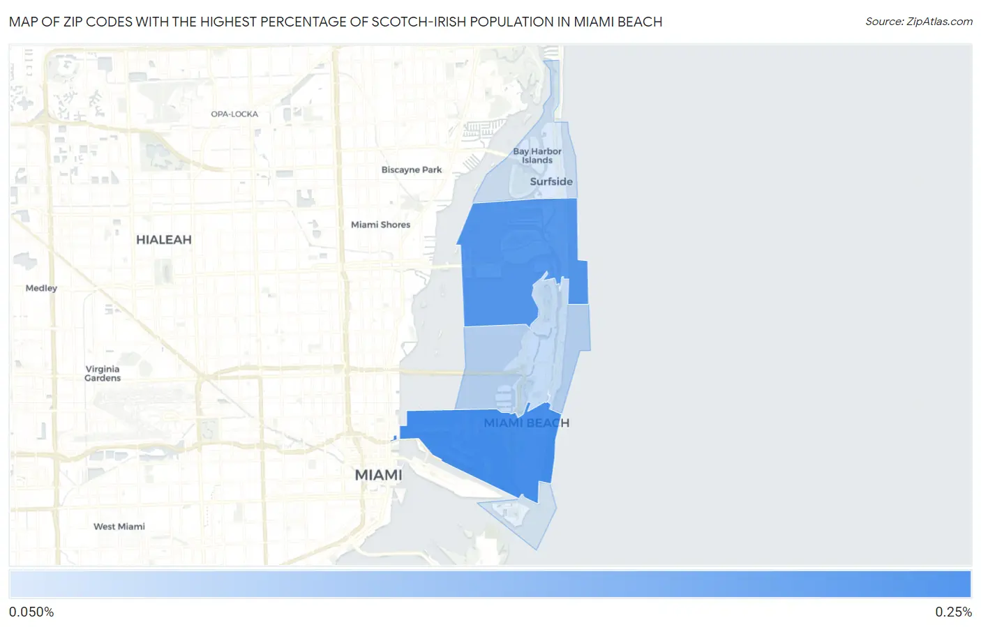 Zip Codes with the Highest Percentage of Scotch-Irish Population in Miami Beach Map