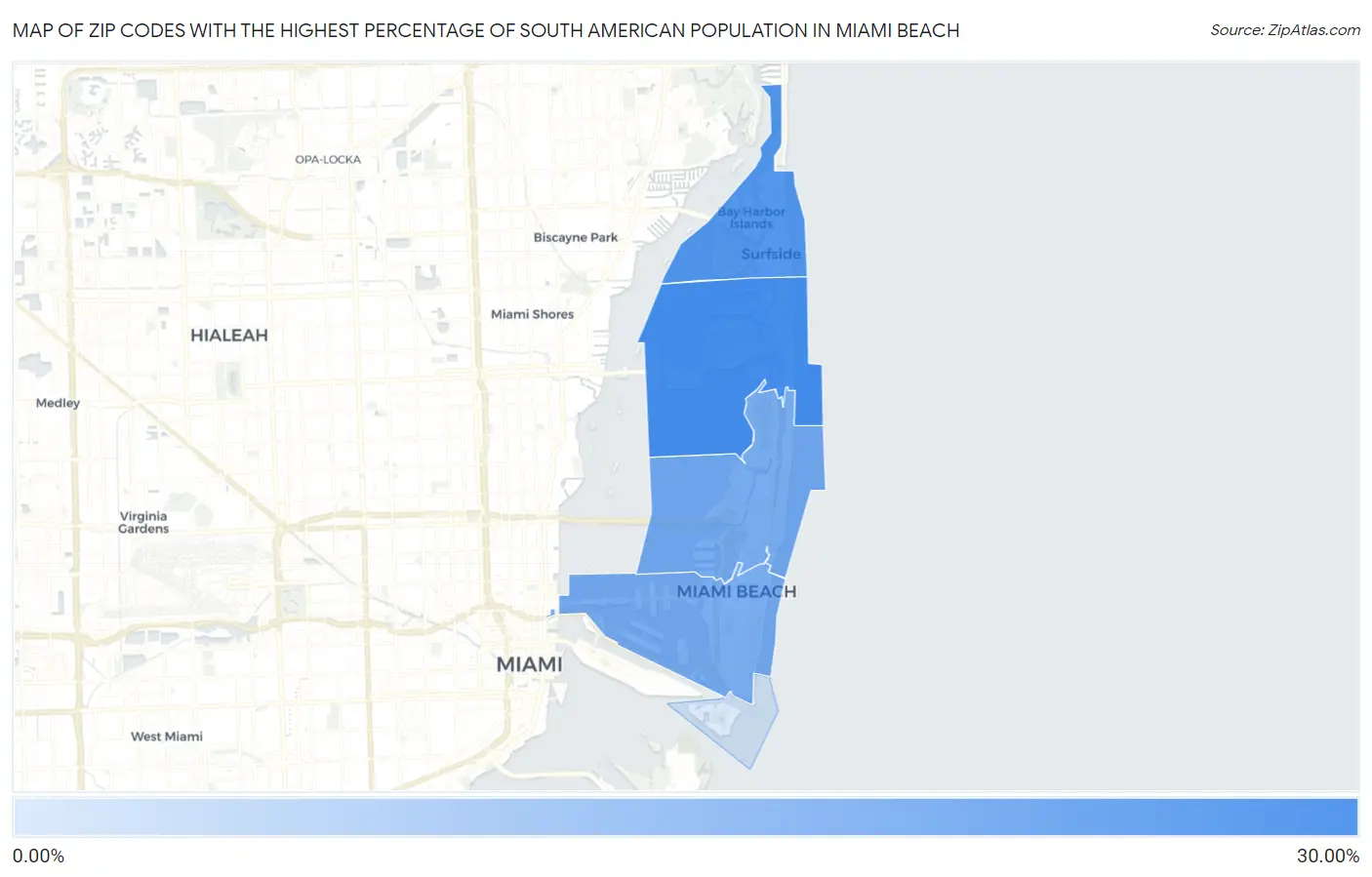 Zip Codes with the Highest Percentage of South American Population in Miami Beach Map