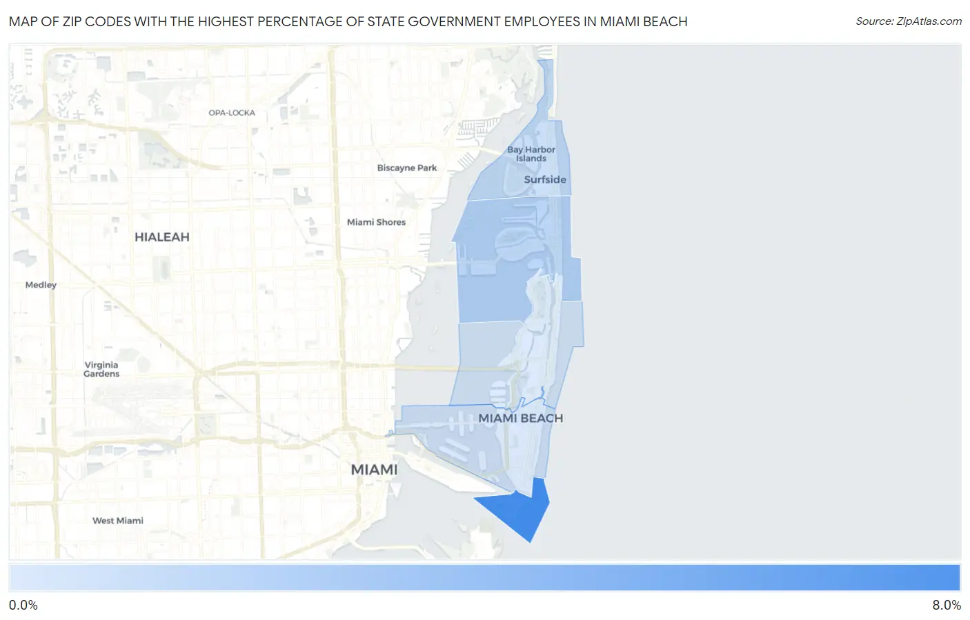 Zip Codes with the Highest Percentage of State Government Employees in Miami Beach Map