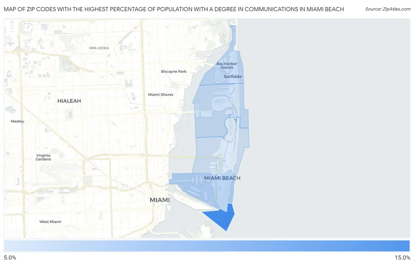 Zip Codes with the Highest Percentage of Population with a Degree in Communications in Miami Beach Map